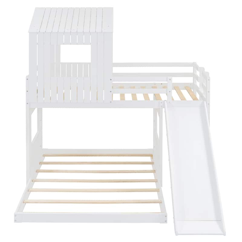Playhouse Twin Over Full Bunk Bed with Windows and Slide, Solid Pine Wood Frame