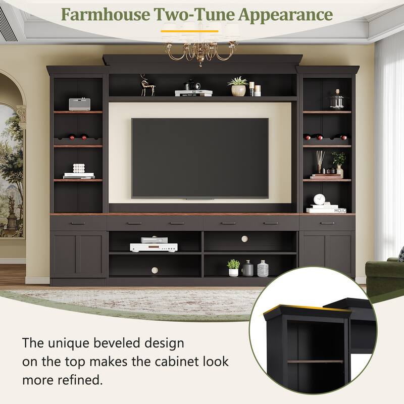 108.2" Media Wall Unit with Two Tone Walnut and Black Finish with Wine Racks