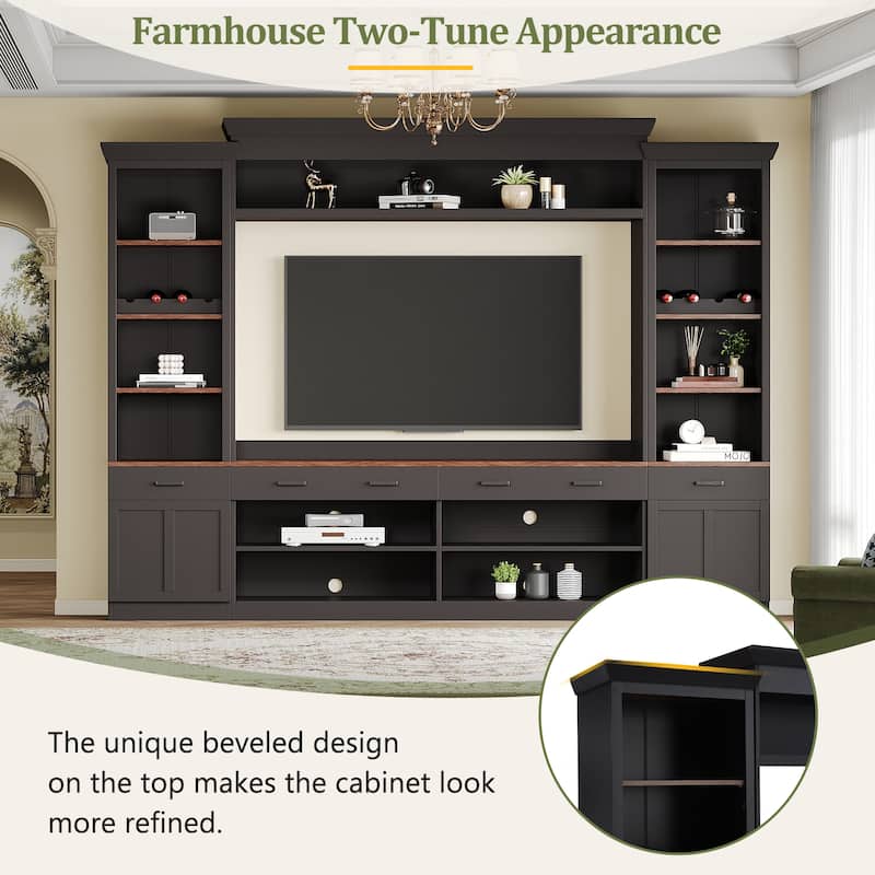 Farmhouse 4-Piece Entertainment Wall Unit for TVs up to 70", Walnut TV Stand with Bookshelves, Adjustable Shelves, Wine Rack