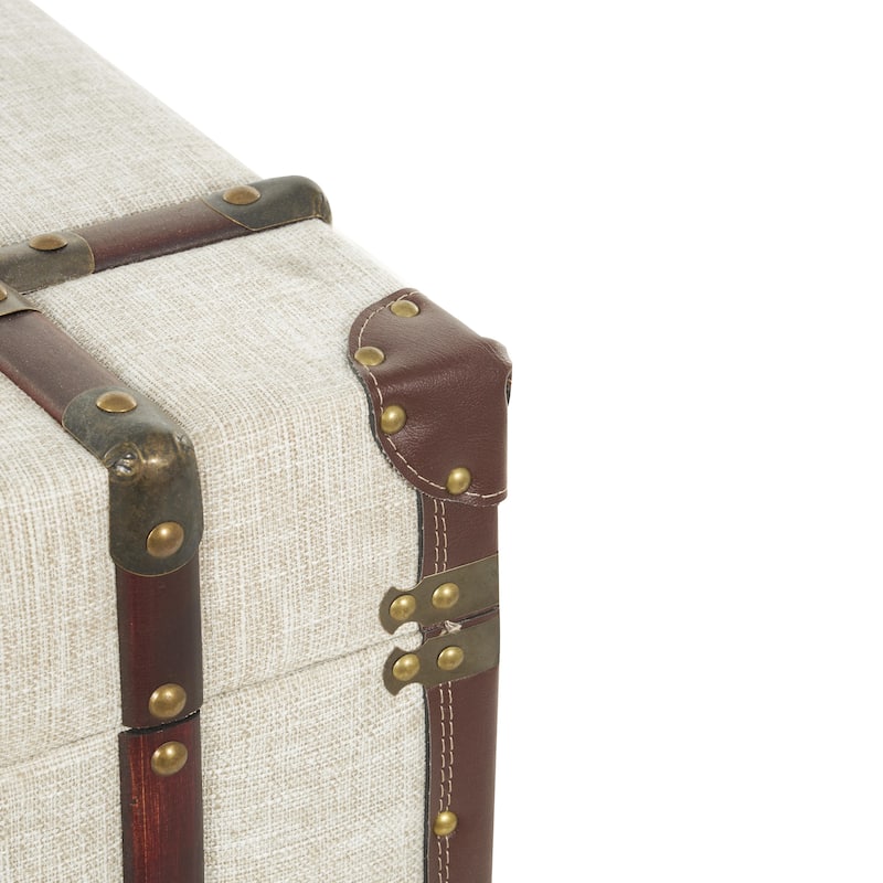 Wooden Vintage Style Storage 2 Drawer Coffee Table with Studs and Brown Faux Leather Accents - Cream - Roche River Decor