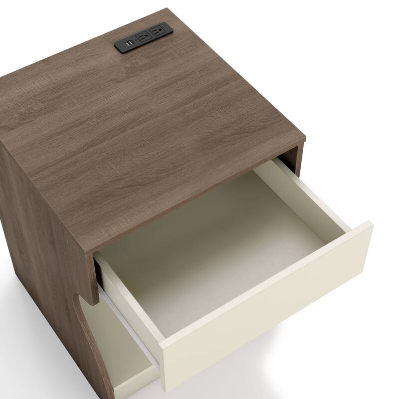24/7 Shop At Home Modern Chestnut Brown 1-Drawer Nightstand with Charging Station and Hidden Storage