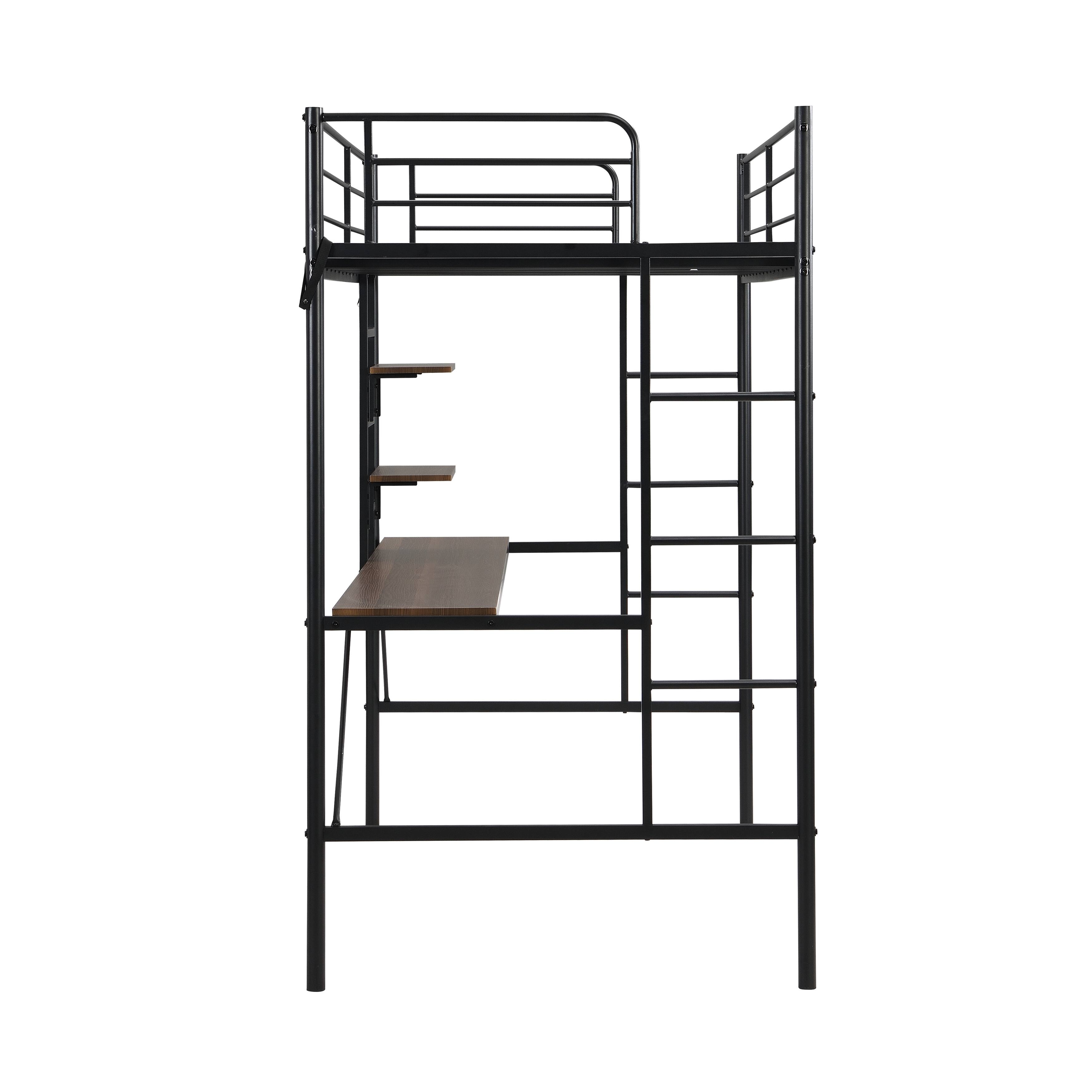 Metal Twin Loft Bed with Desk, Storage Shelves, Ladders, and Safety