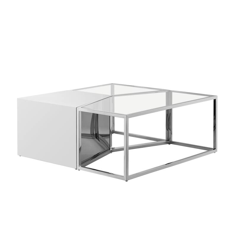 HomeRoots Set of Three 37" Clear And Silver Glass And Stainless Steel Mirrored Bunching Coffee Tables - 37.4