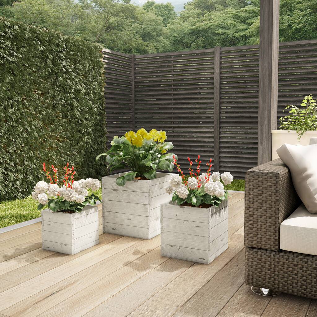 Plant Pots - Wood-Look Planter Set of 3 - 15.3”, 12.1” and 9.6” Square Large Outdoor Planters - Rustic Flower Pots Outdoor