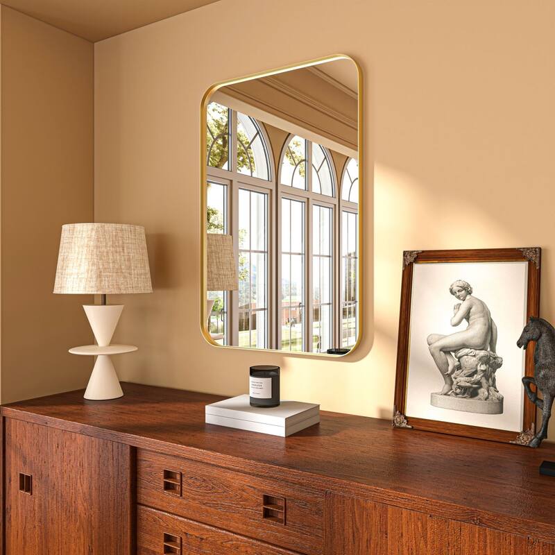Organnice Rectangular Aluminum Framed Modern Rounded Wall Mount Mirror