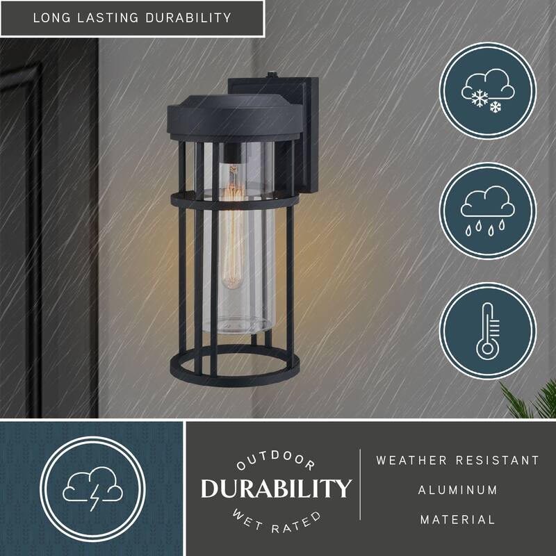 VAXCEL Crestline 14 in. H 1-Light Black Dusk to Dawn Sensor Outdoor Wall Sconce, Rust-Resistant Aluminum, Clear Glass Shade