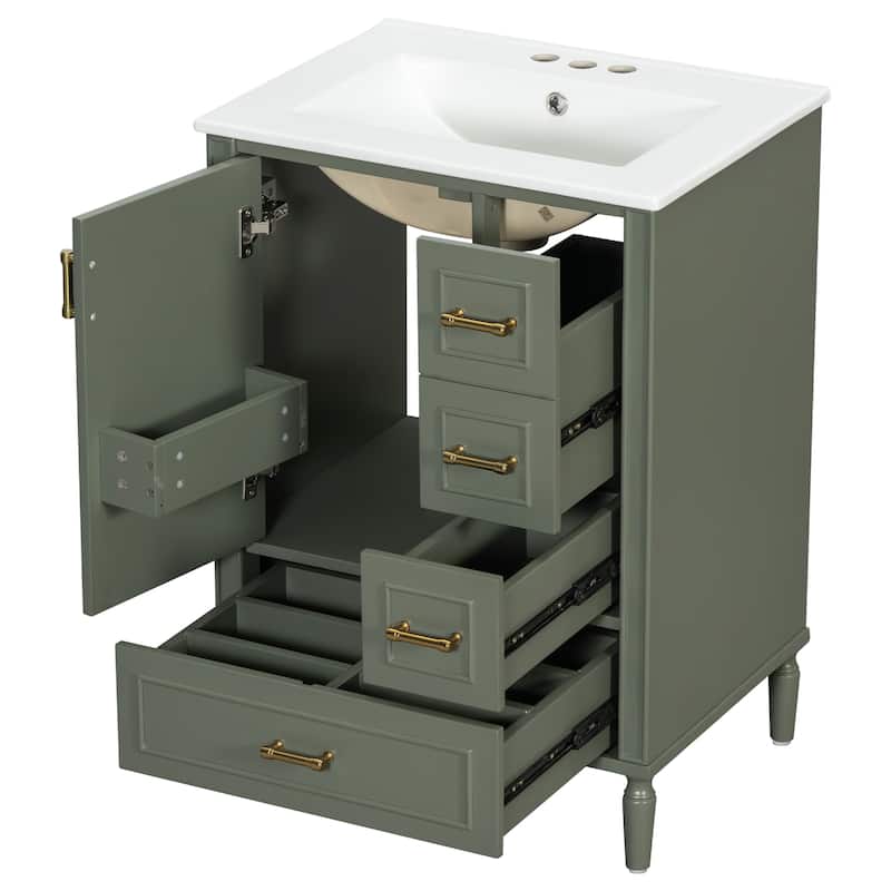 24" Modern Bathroom Vanity with Ceramic Sink - Soft-Close Door, 3 Drawers & Gold Handles