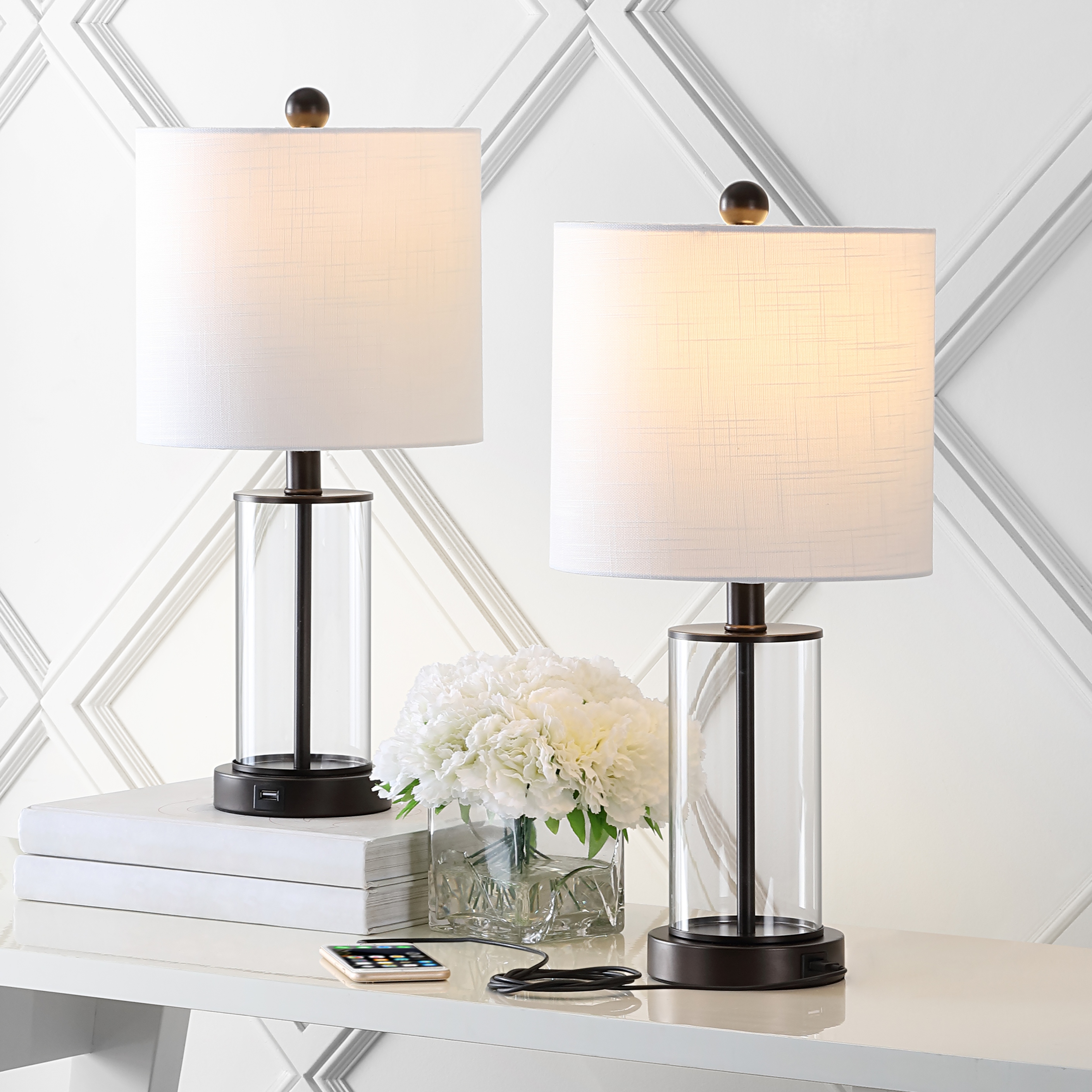 Cabell 21 Glass Modern Contemporary USB Charging LED Table Lamp Oil Rubbed Bronze Set of 2 by JONATHAN Y