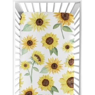 Sweet Jojo Designs Yellow, Green and White Boho Floral Sunflower Collection Girl Fitted Crib Sheet - Farmhouse Watercolor Flower
