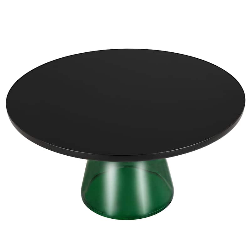 30-Inch Round Coffee Table Glass/Stone Tabletop with Black Iron Rim Frame Glass Pedestal Base