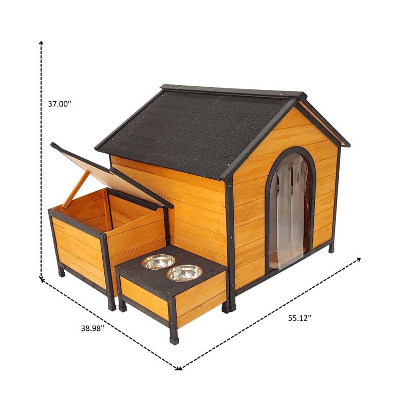 Outdoor Wooden Elevated Dog House Pet House with Storage Box, 2 Metal Bowls, Suitable for Small, Medium and Large Dogs