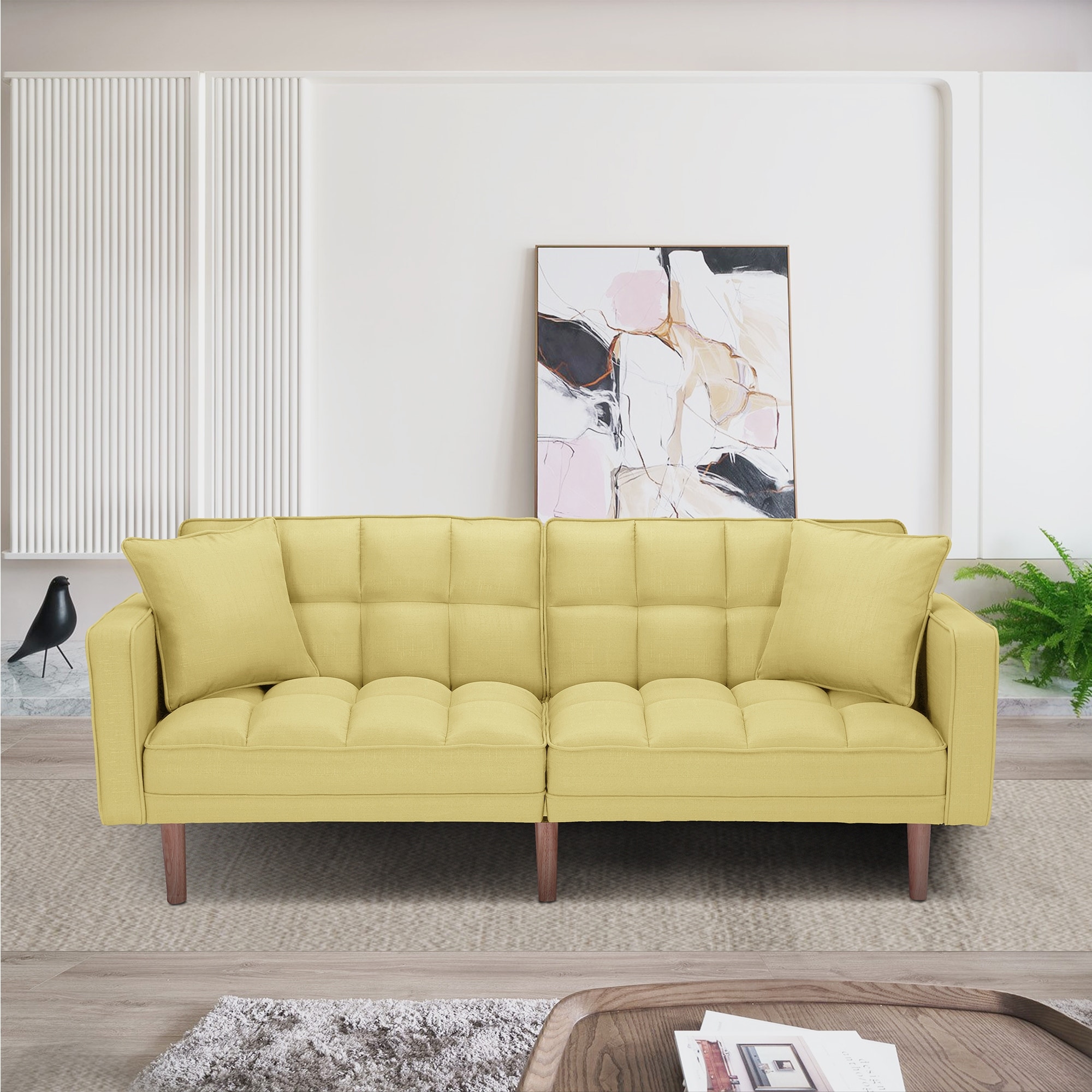 Global Pronex Fabric Sofa Futon Deep Seat Sleeper Sofa in Yellow with Pillows