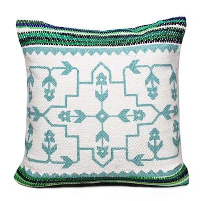 HomeRoots 20" X 20" Green White And Blue 100% Cotton Geometric Zippered Pillow