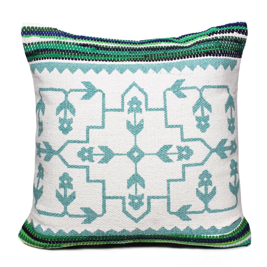 HomeRoots 20" X 20" Green White And Blue 100% Cotton Geometric Zippered Pillow