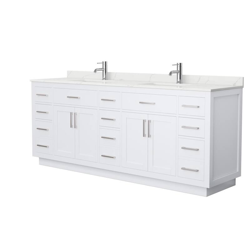 Beckett TK 84-inch Double Vanity, Single Hole Quartz Top - White, Nickel Trim, Giotto Quartz Top