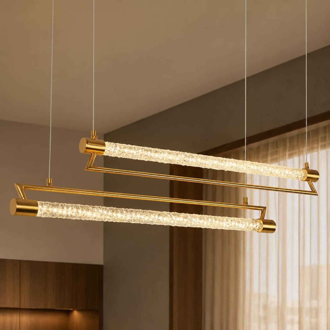 Modern 2-Tier Gold LED Linear Island Chandelier for Kitchen Island Dining Room - W42" x H66.5" Max