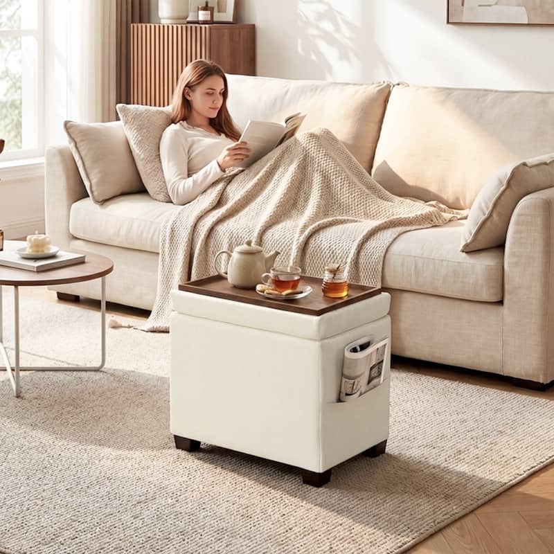 Adeco 16" W Upholstered Rectangle Storage Ottoman with Tray and Pocket