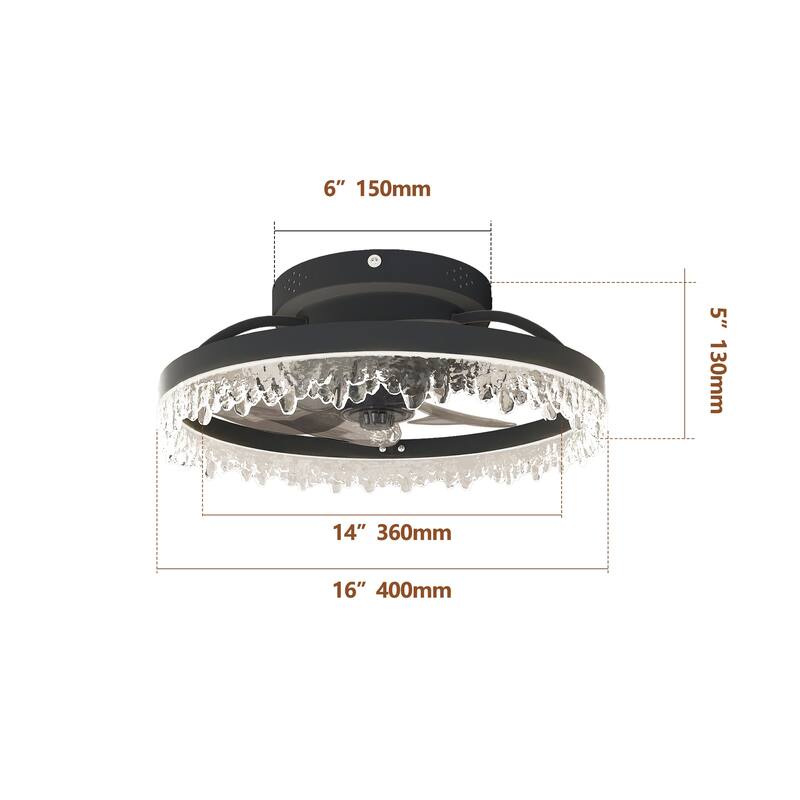 Smart Silent Elegant Black Ceiling Fan with Light - 16-inch Flush Mount LED Chandelier with 5 Invisible Blades