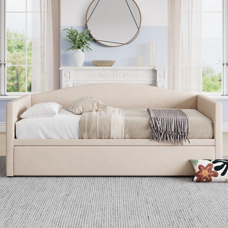 Twin Size Velvet Upholstered Daybed with Extended Pop Up Trundle Bed Convertible King Sofa Bed Frame, Space-Saving Twin to King