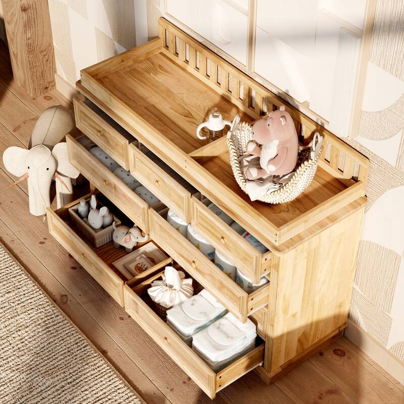 Solid Pine Wood Baby Changing Table Dresser with 9 Drawers – Natural Finish Nursery Dresser with Removable Changing Topper