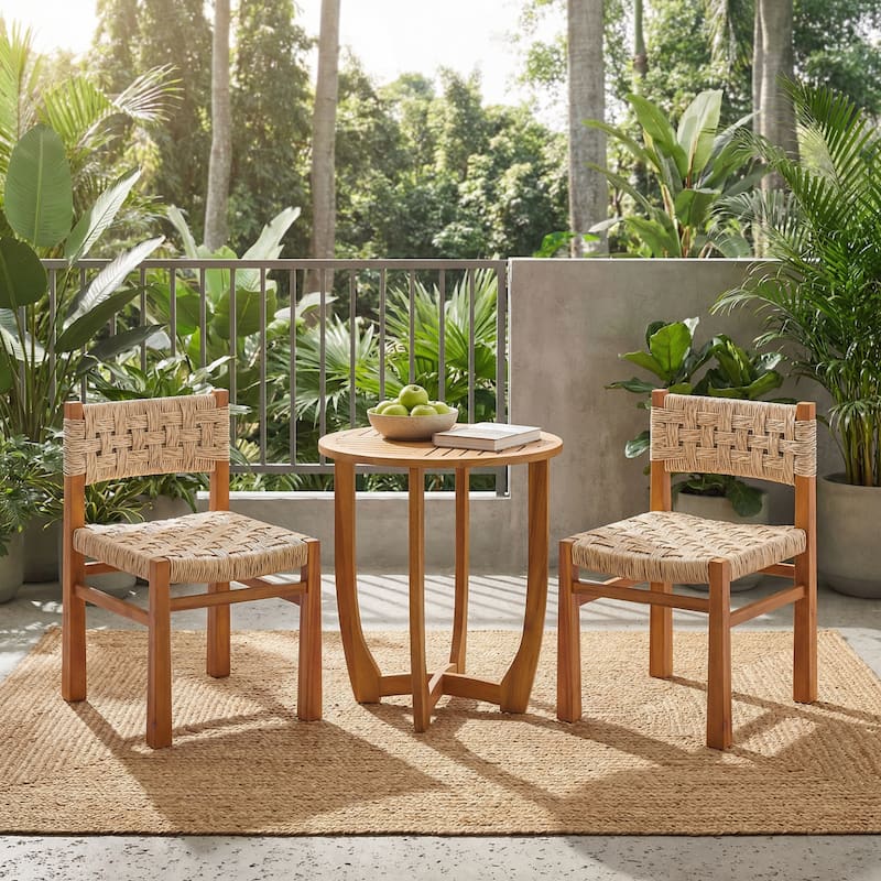 Christopher Knight Home - Carys 3-Piece Outdoor Acacia Wood Dining Set with Wicker Woven Back Chairs & 27.5" Round Slat Table - Teak Finish+Light Grey Wicker