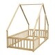 preview thumbnail 11 of 10, Natural Twin Size Pine House-Shaped Floor Bed with Roof & Guardrails