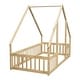 preview thumbnail 11 of 10, Natural Twin Size Pine Wood House-Shaped Floor Bed with Fence and Roof