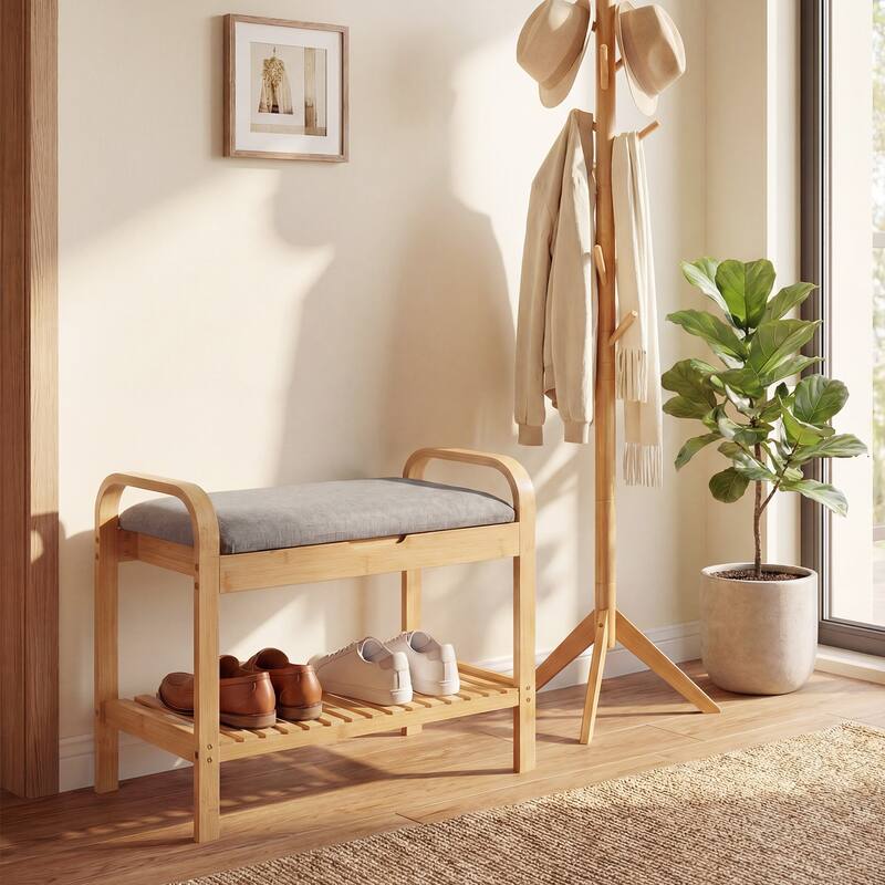 Gymax Shoe Rack Bench Bamboo W/Cushioned Seat&Storage Shelf Padded