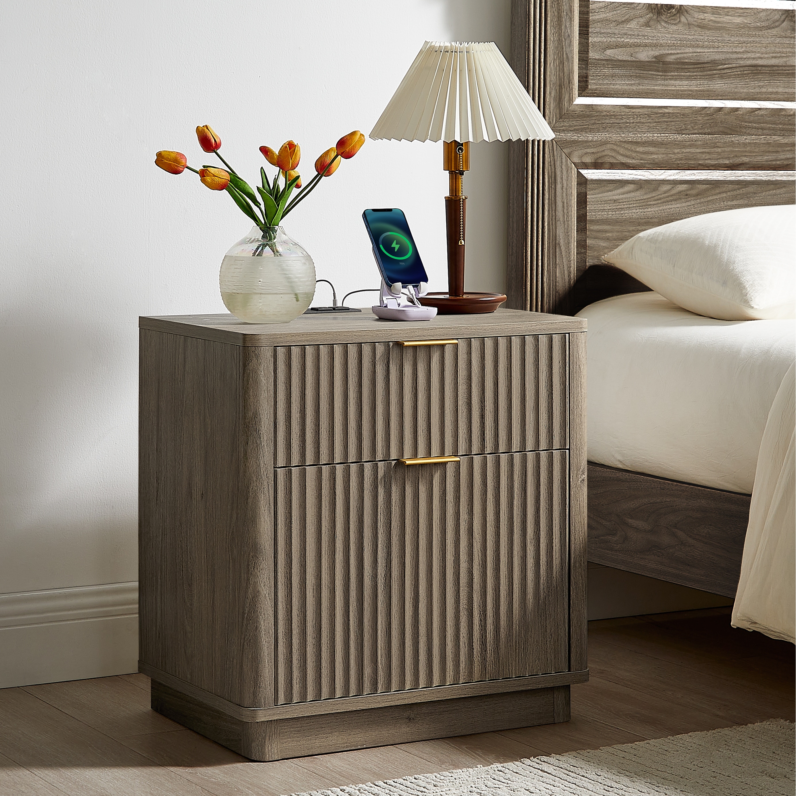 Modern Fluted Nightstand with Charging Station, 2 Drawer Bedside Table