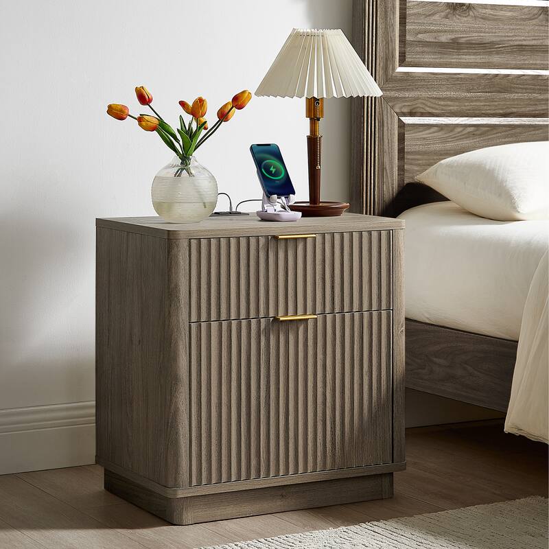 Modern Fluted Nightstand with Charging Station, 2 Drawer Bedside Table - Grey Alder