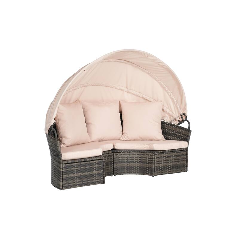 5 Pieces Outdoor Patio Rattan Round Daybed Sunbed with Retractable Canopy and Removable Cushions