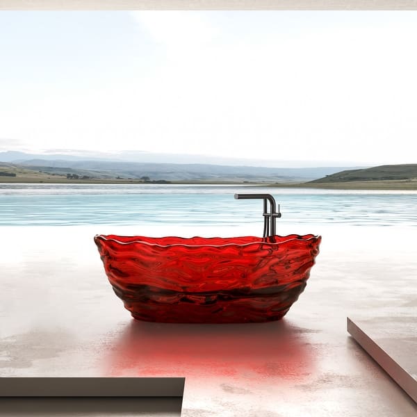 Vanity Art 69 in. x 30 in. Freestanding Oval Soaking Stone Resin Bathtub in Pure Resin Red with Polished Chrome Pop Up Drain