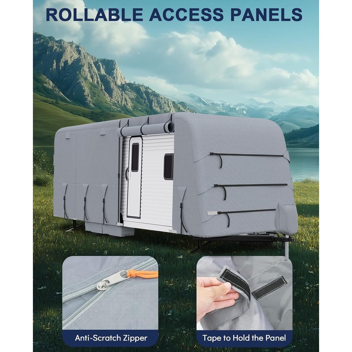Heavy Duty Extra-Thick Upgraded RV Travel Trailer Cover with Zippered Door, 6 Gutter Covers, 2 Extra Straps