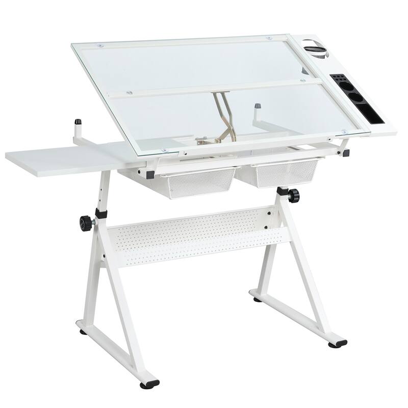 Adjustable Tempered Glass Drafting Table with Stool and Metal Frame
