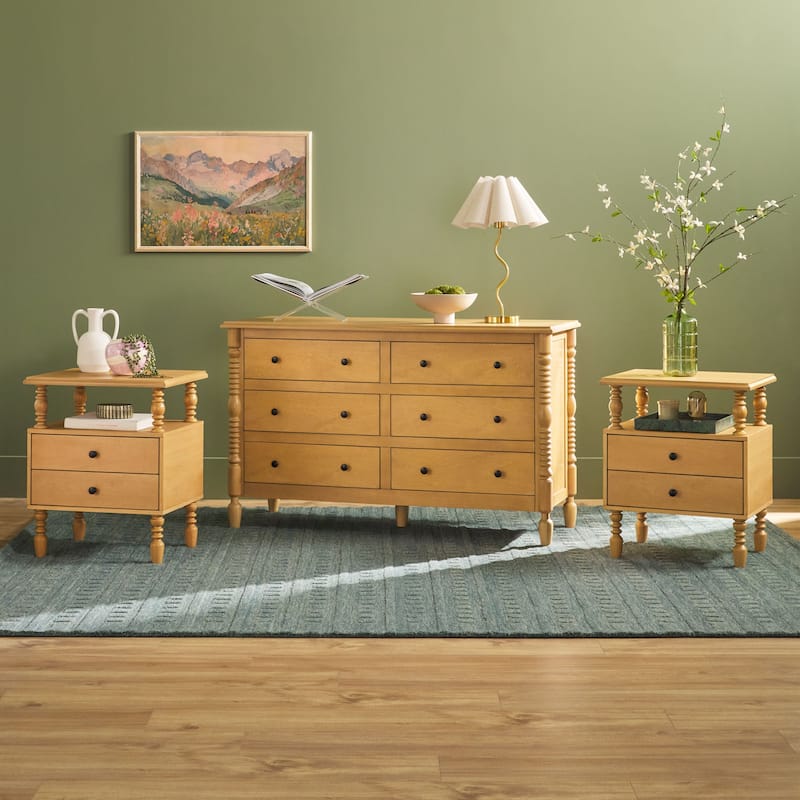 Walker Edison Spindle Dresser and 2-Drawer Nightstands Bedroom Set