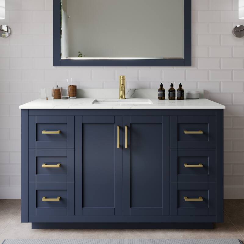 Wyndham Collection WCF292954S-QTZ-UNSM46 Miranda 54" Free Standing - Dark Blue / Giotto Quartz Top / Brushed Gold
