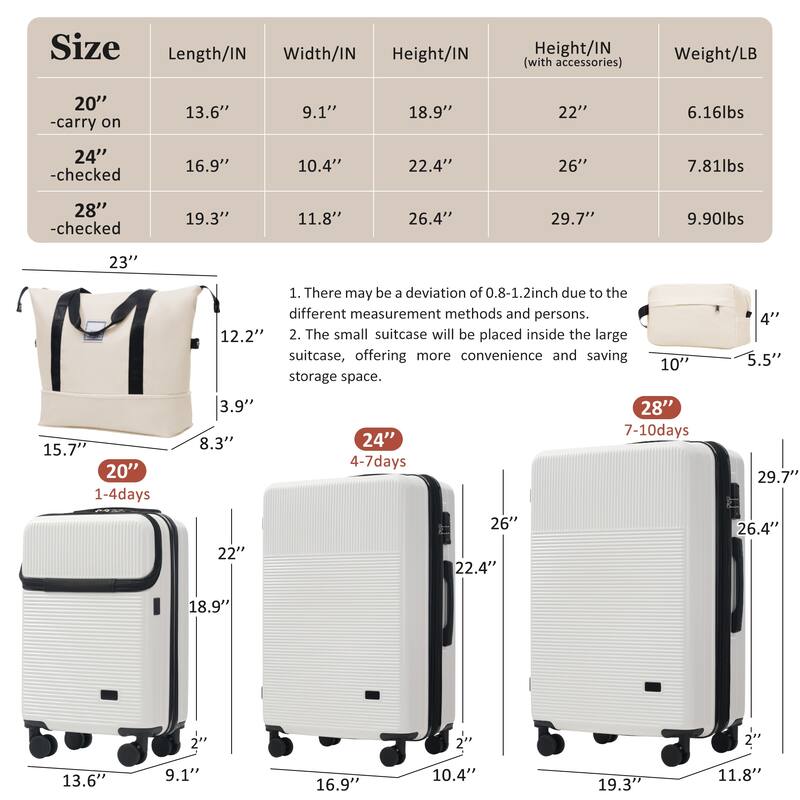 Luggage Sets 5 Piece with Half-opening, Hardside Carry On Suitcase Set with Double Spinner Wheel, with USB Port,TSA Locks