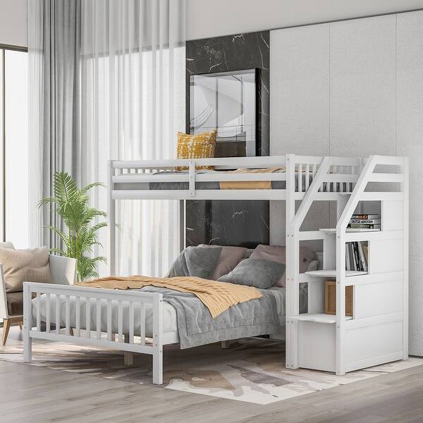 slide 2 of 8, Twin Over Full Bunk Bed, Wood L-Shaped Bunk Beds with Storage Stairs,Bunk Bed Frame with Guardrails and Ladder,White
