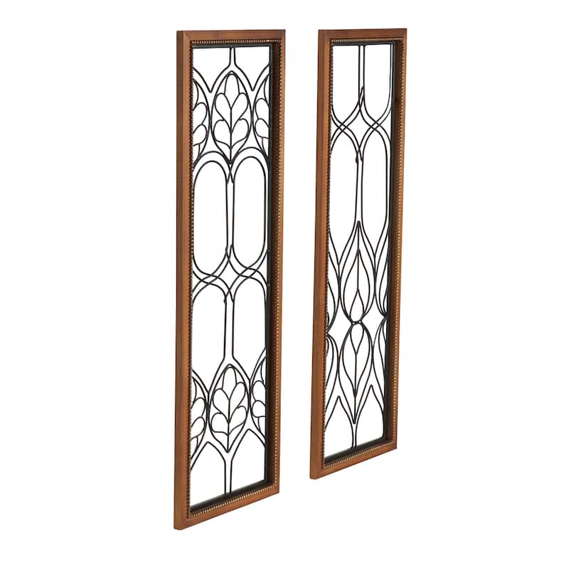Metal Geometric Wire Cutout Home Wall Decor with Beaded Accents and Brown Wood Frames - Set of 2 Black - Roche River Decor