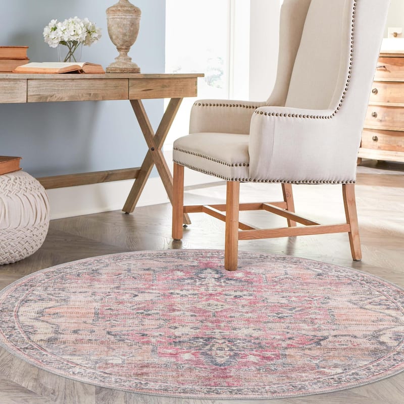 Transitional Pria Collection Area Rug - 3'3" Round - Beige-Pink