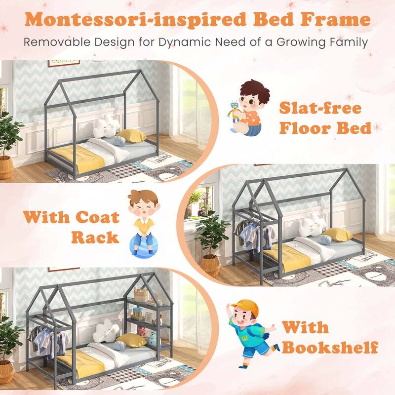 Costway Twin Size House Bed Montessori Floor Bed with Detachable