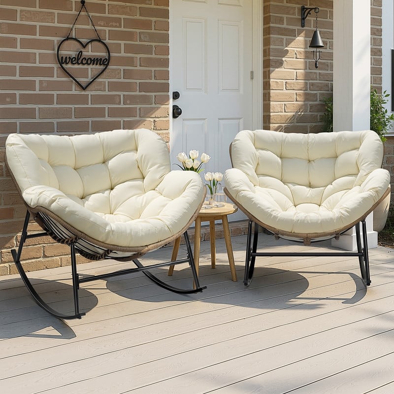 Outdoor Rocking Papasan Chair, Wide Egg Rocking Chair with Thick Padded Cushion, 450 lb Capacity Patio Relaxing Rocker - 2PCS-Beige