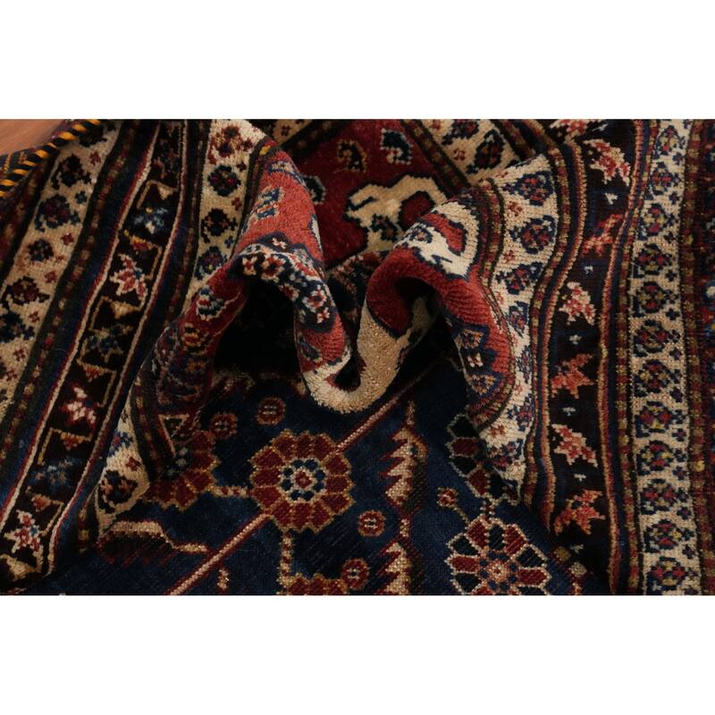 Hand Knotted Oriental 100% Wool Carpet Traditional Geometric Navy Blue & Blues Qashqai Area Rug - 8' 6'' X 5' 3''