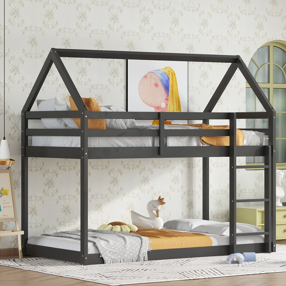 Twin over Twin Rubber Wood Floor Bunk Bed, Solid Wood Twin Size House Shaped Bunk Bed Frame with Roof and Guardrails