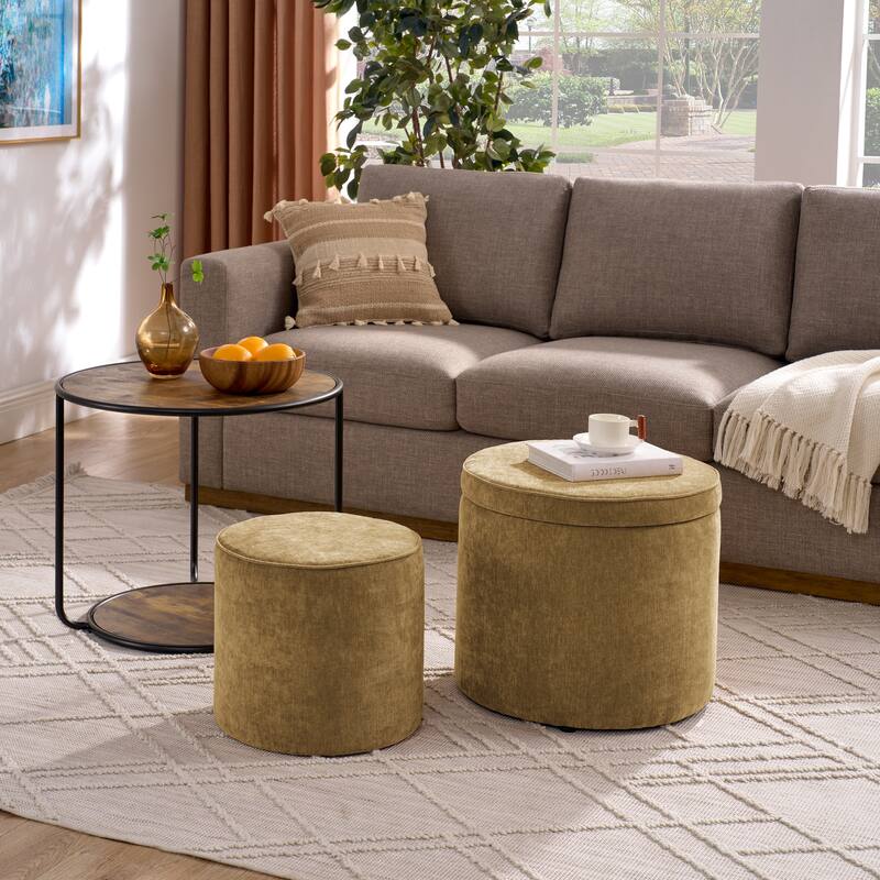 Roomfitters Ottoman Table Set with Drum Stool and Hidden Storage, Multi-Functional Combination Accent Furniture - Dark yellow