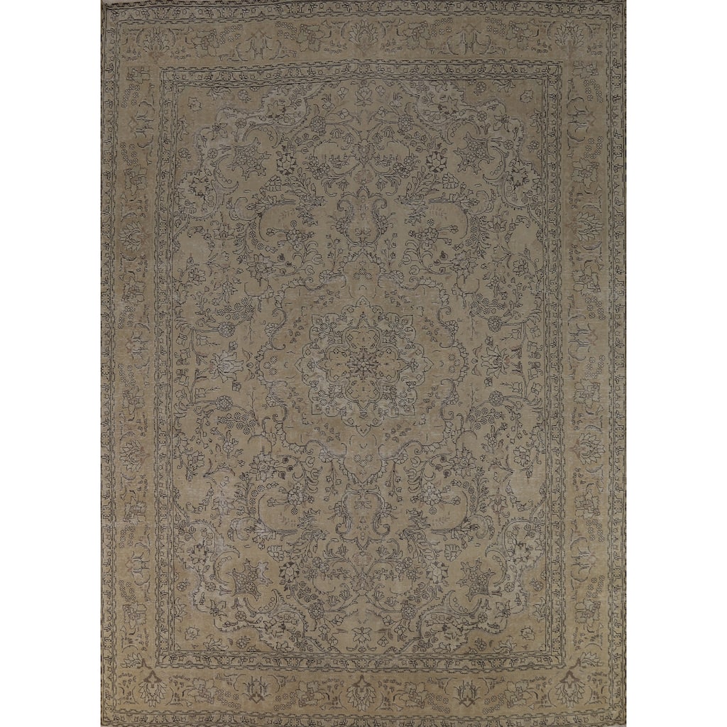 Floral Tabriz Persian Vintage Area Rug Handmade Beige Wool Carpet - 9'8" x 12'4"