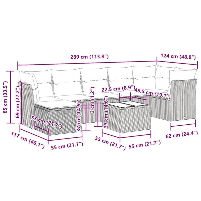 vidaXL 7 Piece Patio Sofa Set with Cushions Black Poly Rattan - 21.7 x 24.4 x 27.2