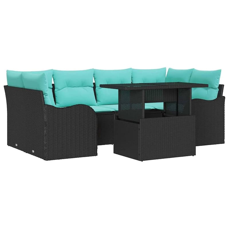 vidaXL 7 Garden Sofa Set with Cushions Black/Brown/Grey Poly Rattan - 92.1 x 48.2 x 27.2