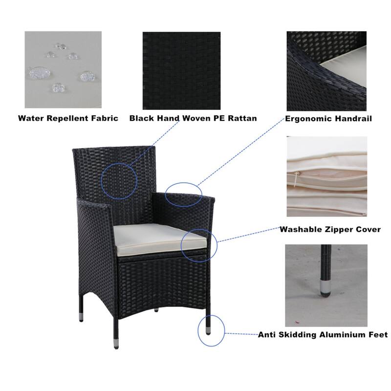 5 Piece Outdoor Patio Wicker Dining Set, Poolside Picnic Beer Coffee Table with 4 Removable Cushions Wicker Arm Chairs