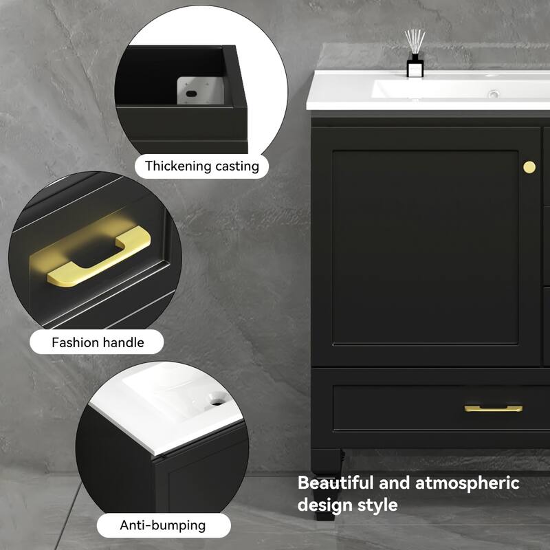 30" Bathroom Vanity Cabinet with Soft-Close Door & 3 Drawers, MDF Storage Vanity for Modern & Transitional Bathrooms